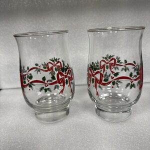 Vintage Libbey 14oz Tulip Glasses Holly Berries Holiday Red Ribbon 5"- 2 Glasses